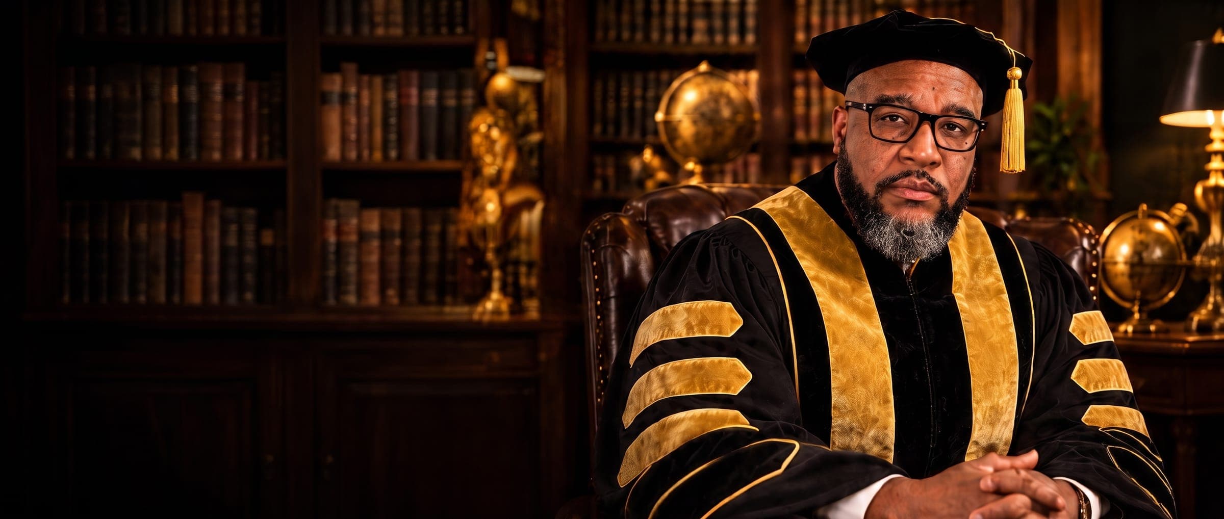 Mr 1950 in doctoral robes in a dark, book-lined study